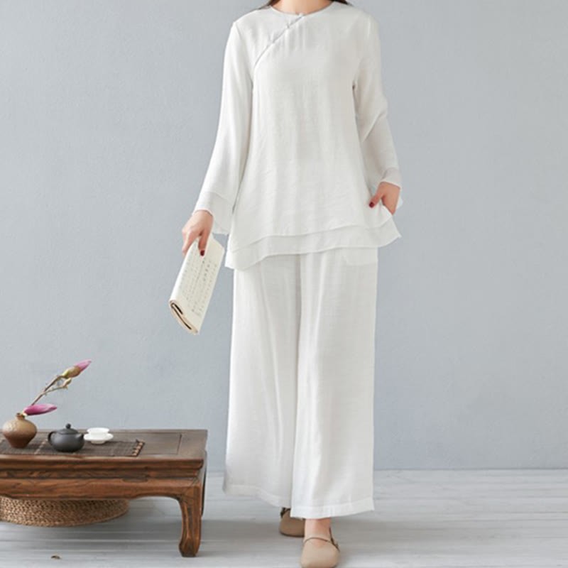 2Pcs Three Quarter Sleeve Long Sleeve Shirt Wide Leg Pants Meditation Cotton Linen Clothing Women's Set