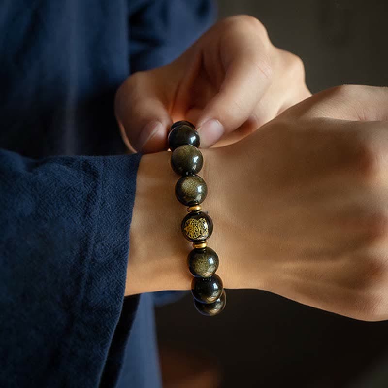 Chinese Zodiac Natal mystic zen Gold Sheen Obsidian Wealth Protection Bracelet