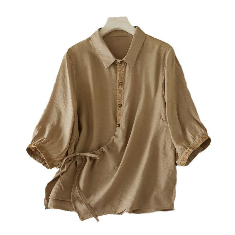 Casual Women's Embroidery Lace-up Top Stand Collar Design Three Quarter Sleeve Cotton Shirt