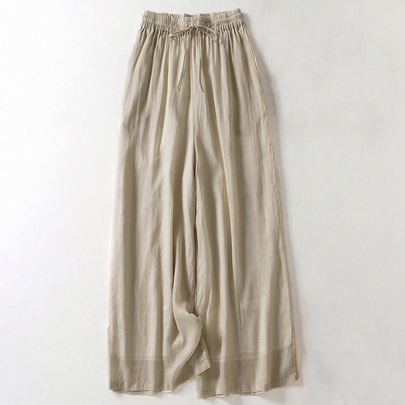 Solid Color Lace-up Cotton Linen Women's Wide Leg Pants