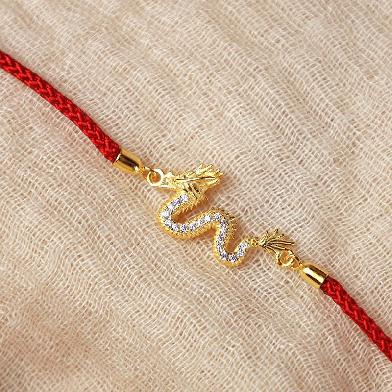 925 Sterling Silver Year Of The Dragon Auspicious Golden Dragon Luck Red Rope Chain Bracelet (Extra 30% Off | USE CODE: FS30)