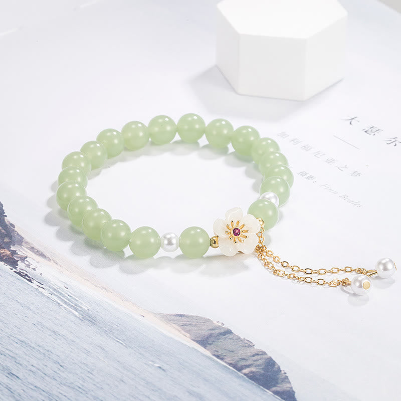 Jade Peach Blossom Flower Pearl Luck Blessing Bracelet