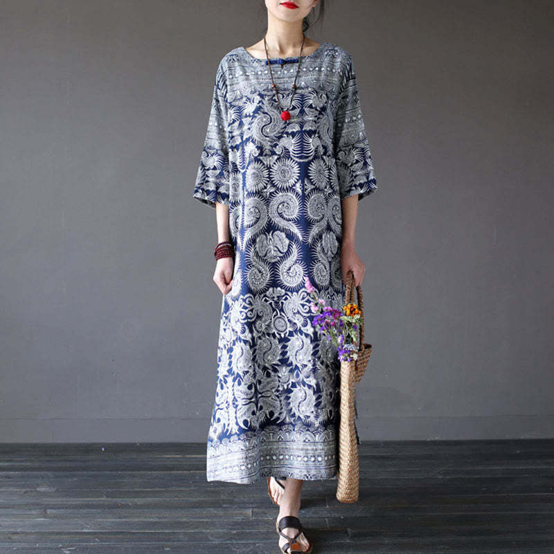 Blue White Flower Printed Button Midi Dress Three Quarter Sleeve Cotton Linen Dress With Pockets