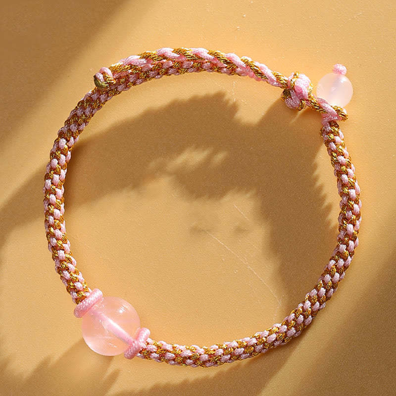 Handmade Red Agate Amethyst Golden Rutilated Quartz Pink Crystal Bead Calm Braided Bracelet
