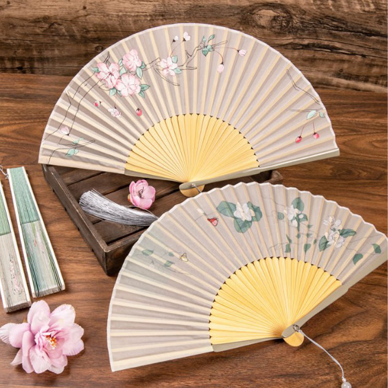 Jasmine Lotus Begonia Flowers Handheld Bamboo Folding Fan