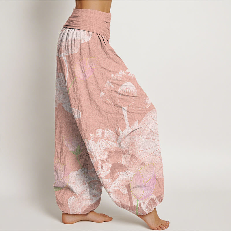 Pink And White Lotus Women's Elastic Waist Harem Pants