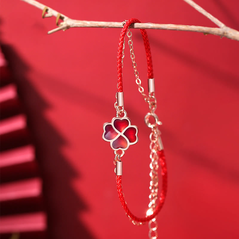 925 Sterling Silver Color-changing Four Leaf Clover Luck Protection Red String Bracelet