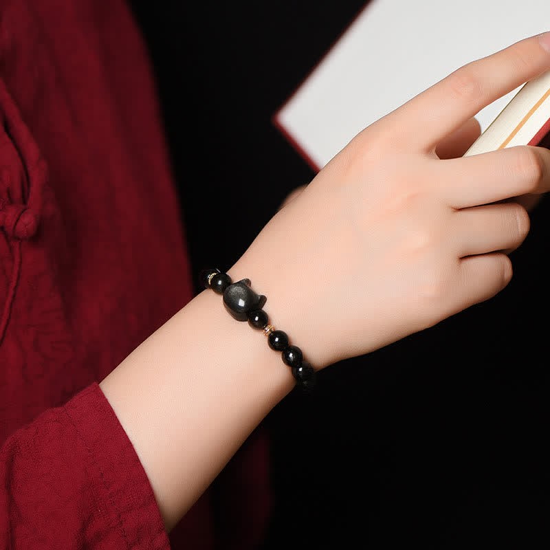 Gold Sheen Obsidian Silver Sheen Obsidian Lovely Paw Lucky Cat Protection Bracelet