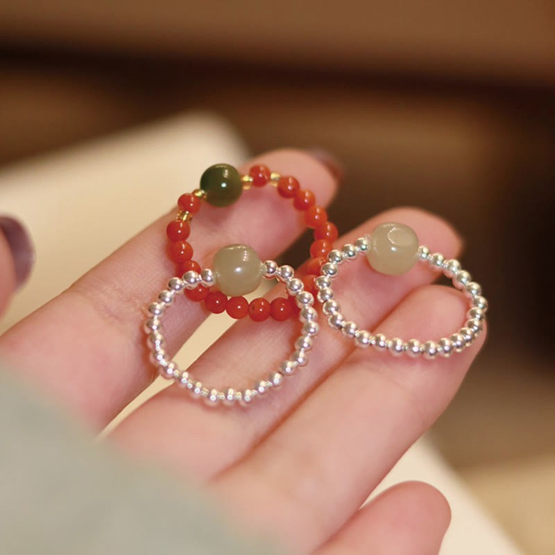 925 Sterling Silver Natural Small Hetian Jade Red Agate Pearl Bead Prosperity Elastic Ring