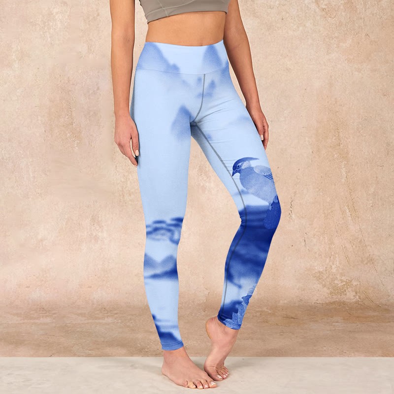 Blue Bird Peony Print Sports Leggings Women's Yoga Pants