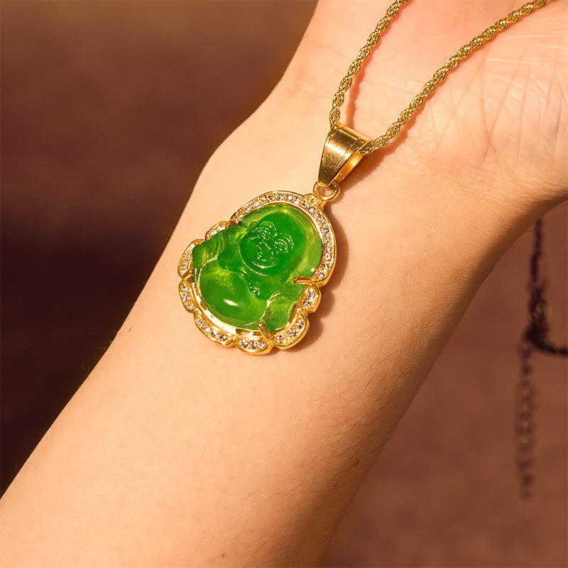 18K Gold Filled Laughing mystic zen Jade Luck Necklace Chain Pendant