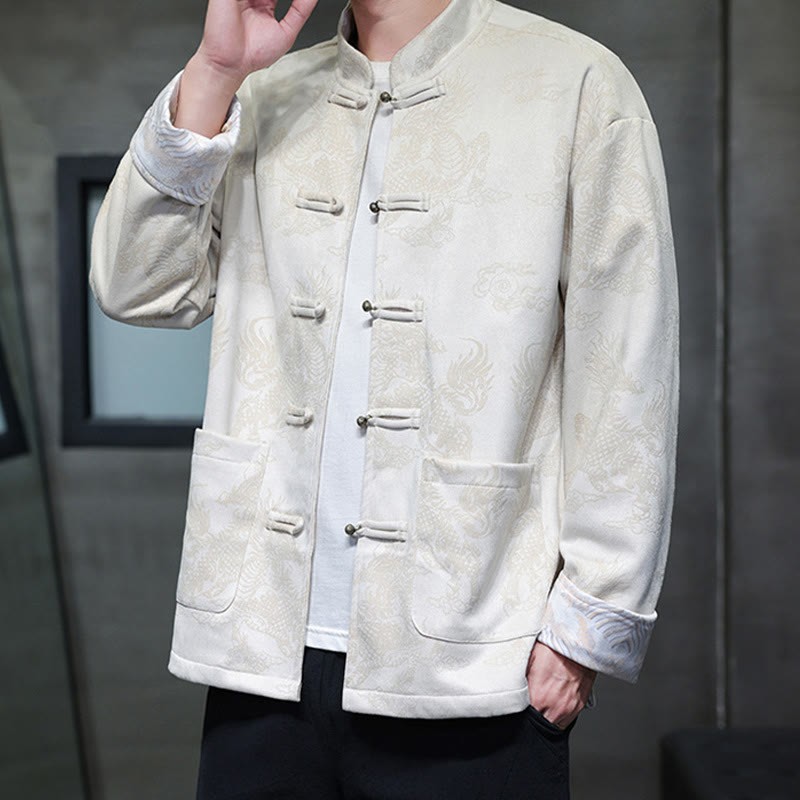 Chinese New Year Kirin Print Frog-button Tang Suit Men's Jacket Shirt With Pockets