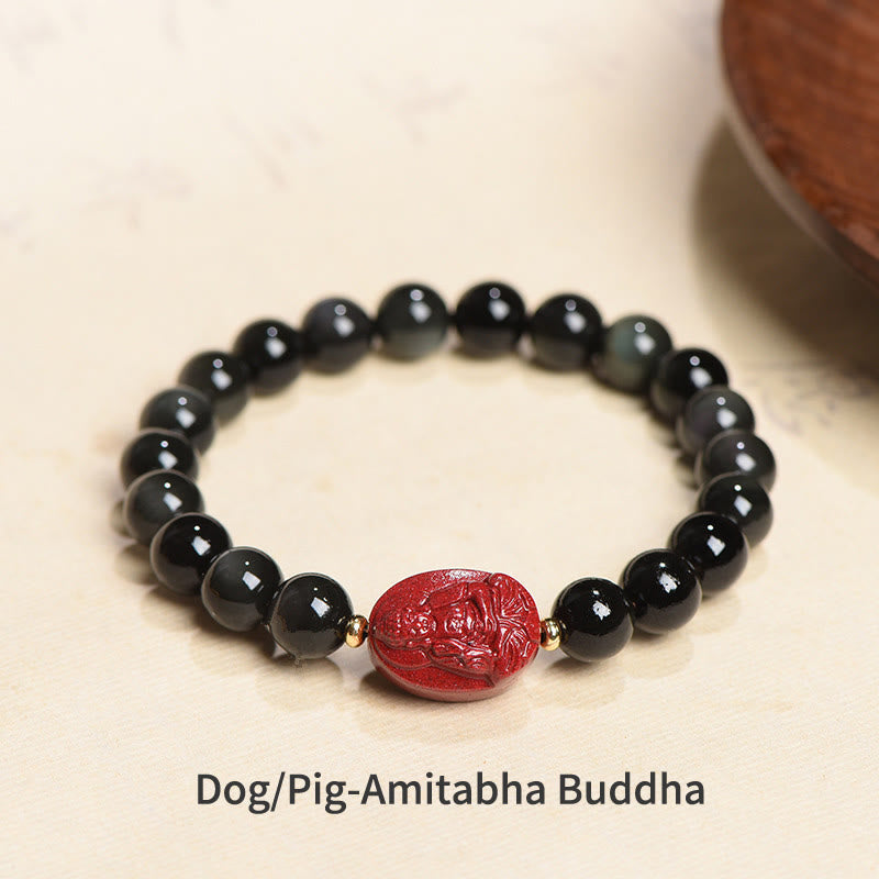 Chinese Zodiac Natal mystic zen Natural Black Obsidian Cinnabar Purification Bracelet