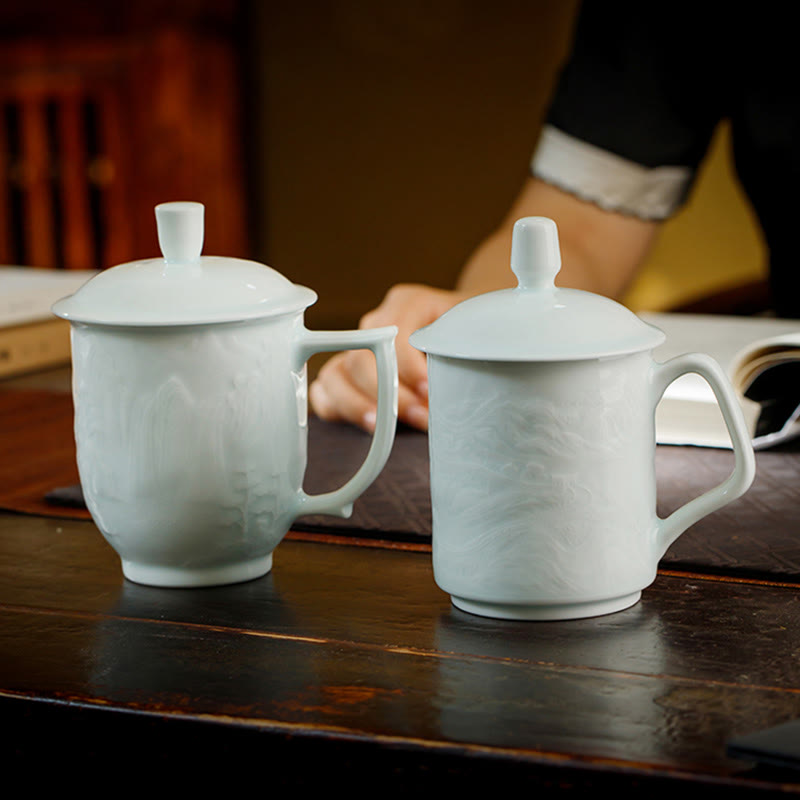 Jingdezhen White Porcelain Handmade Great Wall Landscape Engraved Ceramic Teacup Office Mug Tea Cups
