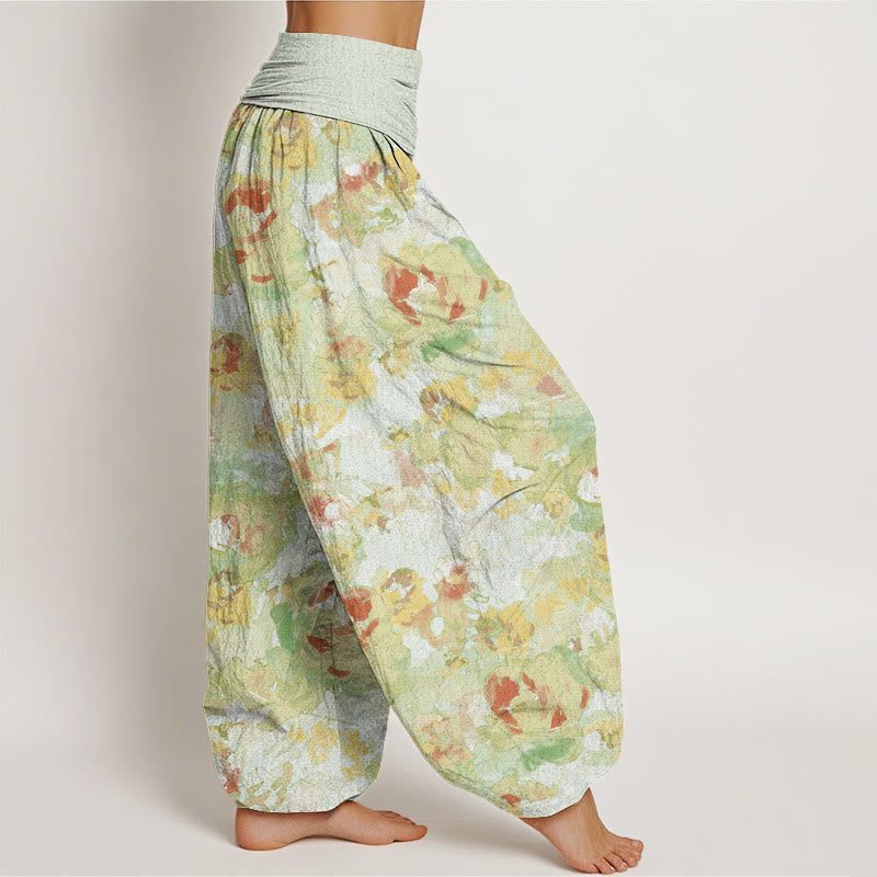 Rose Flowers Pattern Women's Elastic Waist Harem Pants