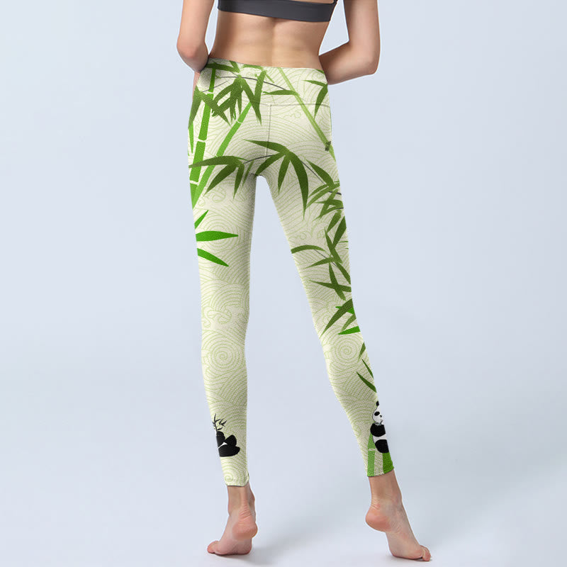 Lush Bamboo Panda Auspicious Cloud Waves Print Gym Leggings Women's Yoga Pants