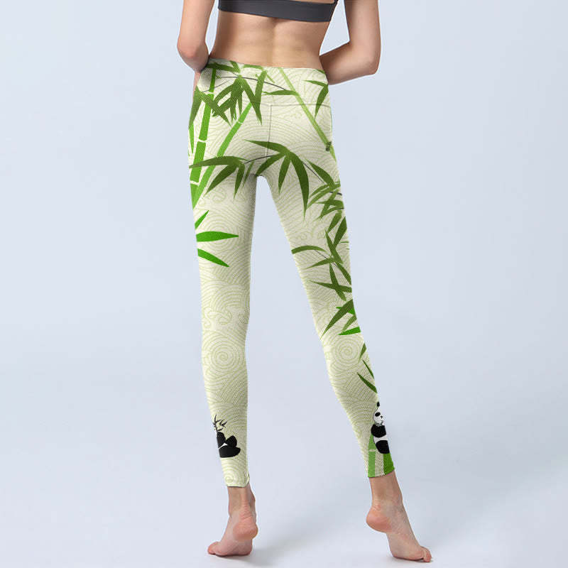 Lush Bamboo Panda Auspicious Cloud Waves Print Gym Leggings Women's Yoga Pants