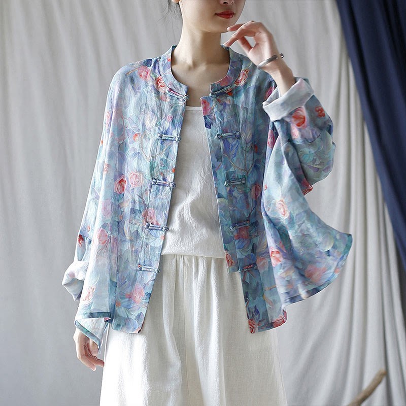 Pink Flowers Green Leaves Print Frog-button Design Long Sleeve Ramie Linen Jacket Shirt