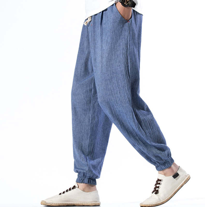 Casual Solid Color Drawstring Linen Men's Pants With Pockets
