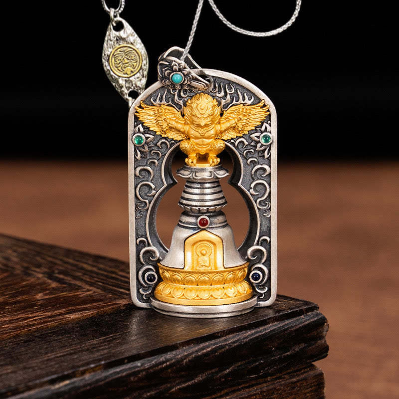 925 Sterling Silver Tibetan Garuda Bird Vajra Dorje Bell Protection Necklace Pendant