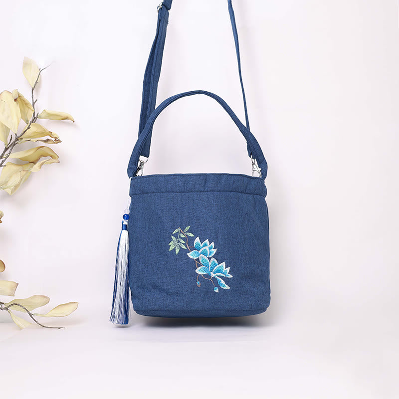 Embroidery Wisteria Plum Lotus Cherry Blossom Cotton Linen Canvas Tote Crossbody Bag Shoulder Bag Handbag