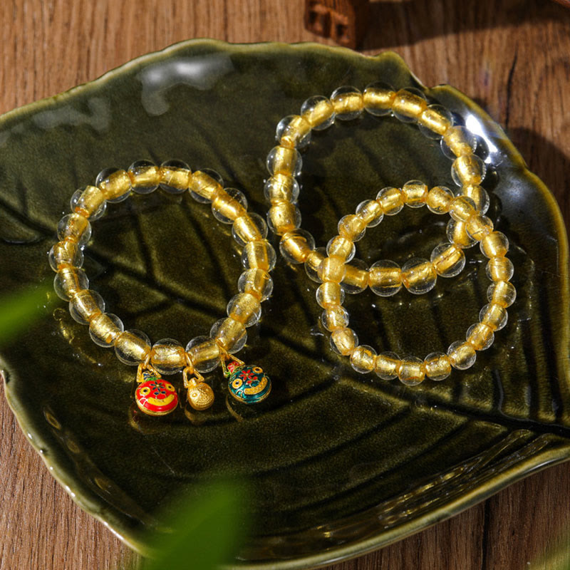 Gold Swallowing Beast Family Charm Gold Foil Liuli Glass Bead Fortune Bracelet