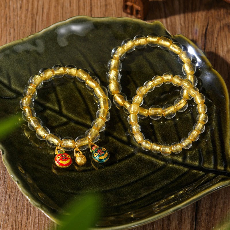 Gold Swallowing Beast Family Charm Gold Foil Liuli Glass Bead Fortune Bracelet