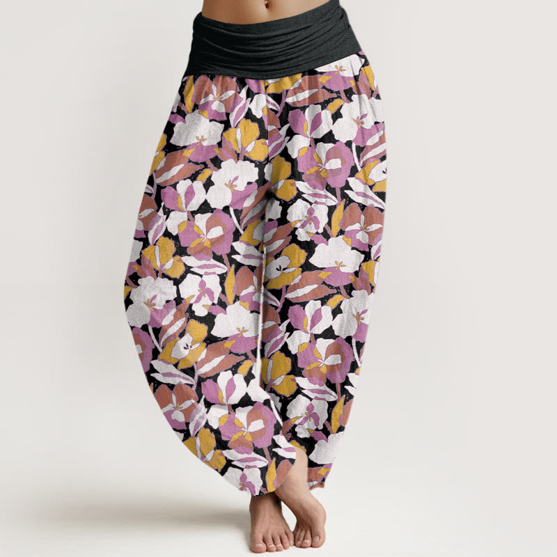 Floral Leaf Design Women's Elastic Waist Harem Pants