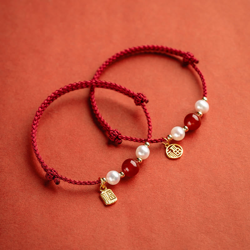 925 Sterling Silver Good Fortune Fu Character Agate Pearl Red String Braid Bracelet