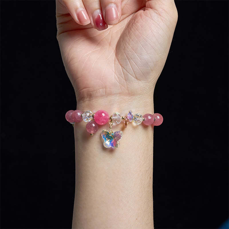 Strawberry Quartz White Crystal Pink Crystal Butterfly Love Bracelet