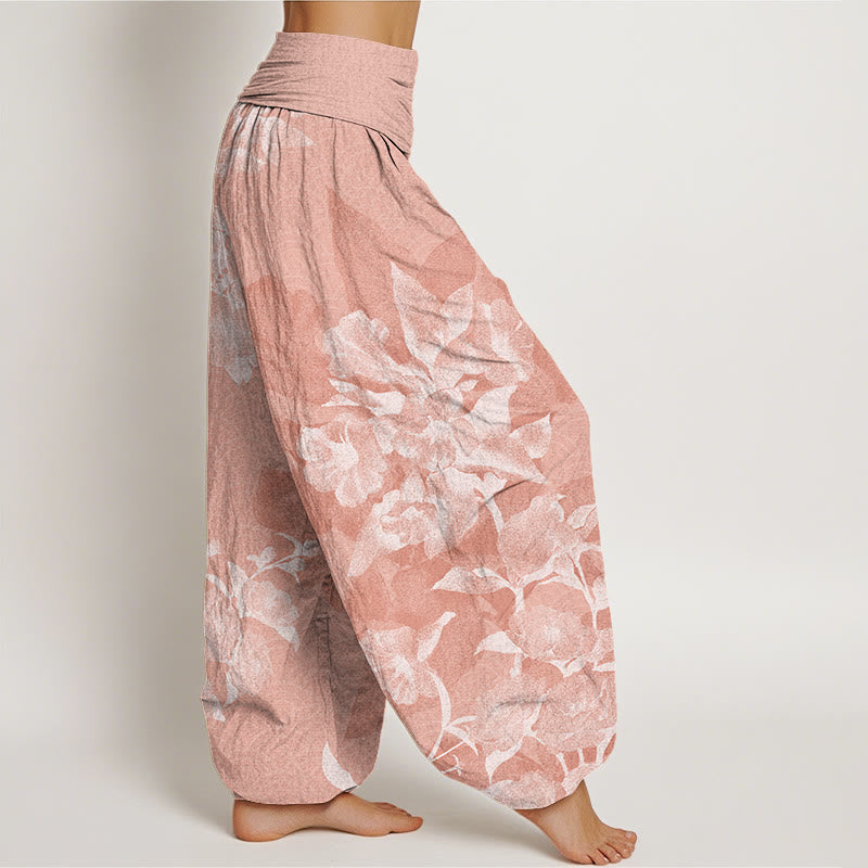 White Flowers Pattern Women's Elastic Waist Harem Pants