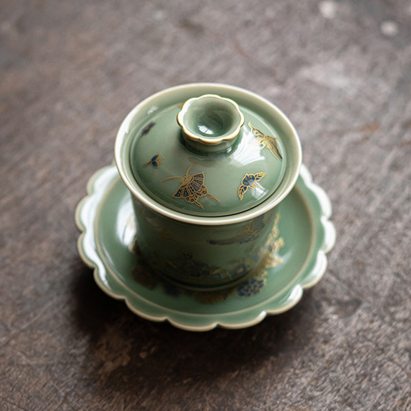 Green Porcelain Butterfly Flower Salmon Fish Ceramic Gaiwan Sancai Teacup Kung Fu Tea Cup And Saucer With Lid