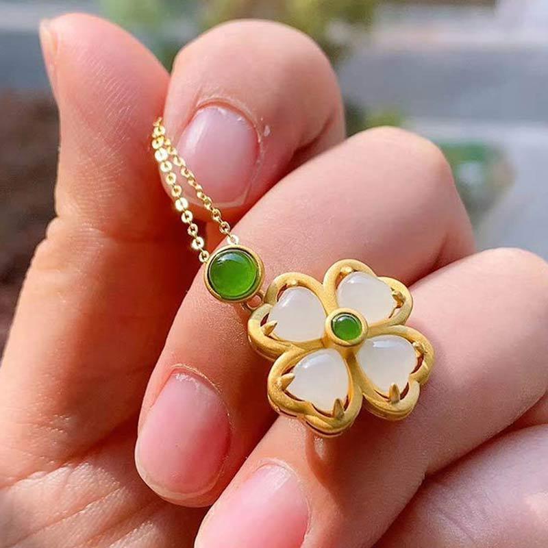 925 Sterling Silver Lucky Four Leaf Clover Jade Prosperity Necklace Chain Pendant