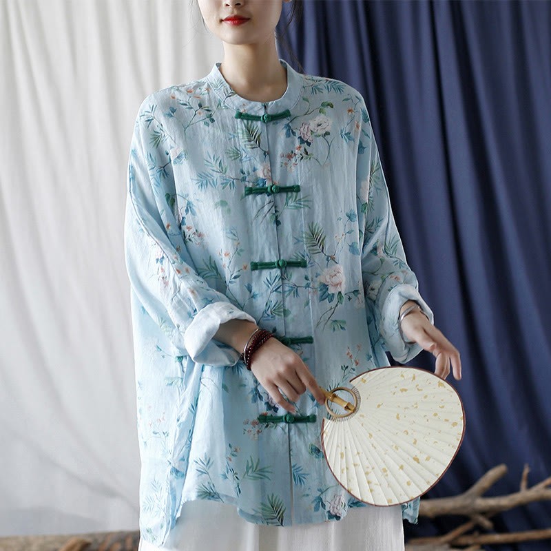 Light Green Pink Flowers Green Leaves Frog-Button Long Sleeve Ramie Linen Jacket Shirt