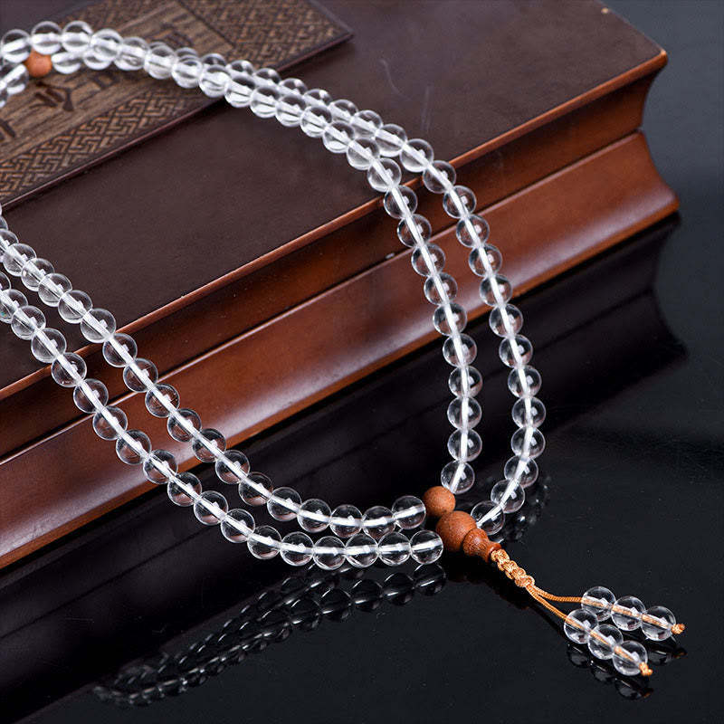 108 Mala Beads Natural Stone White Crystal Sandalwood Healing Bracelet