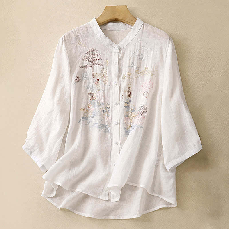 Casual Embroidered Plant Stand Collar Design Three Quarter Sleeve Women's Cotton Linen Shirt