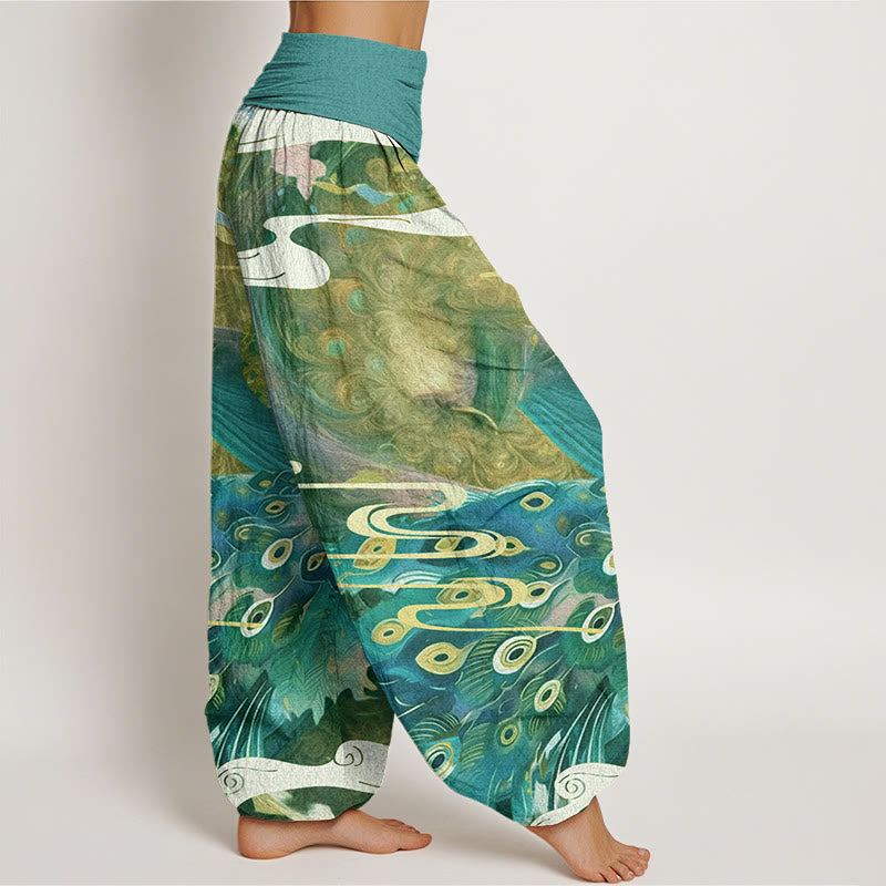 Vibrant Peacock Auspicious Clouds Pattern Women's Elastic Waist Harem Pants