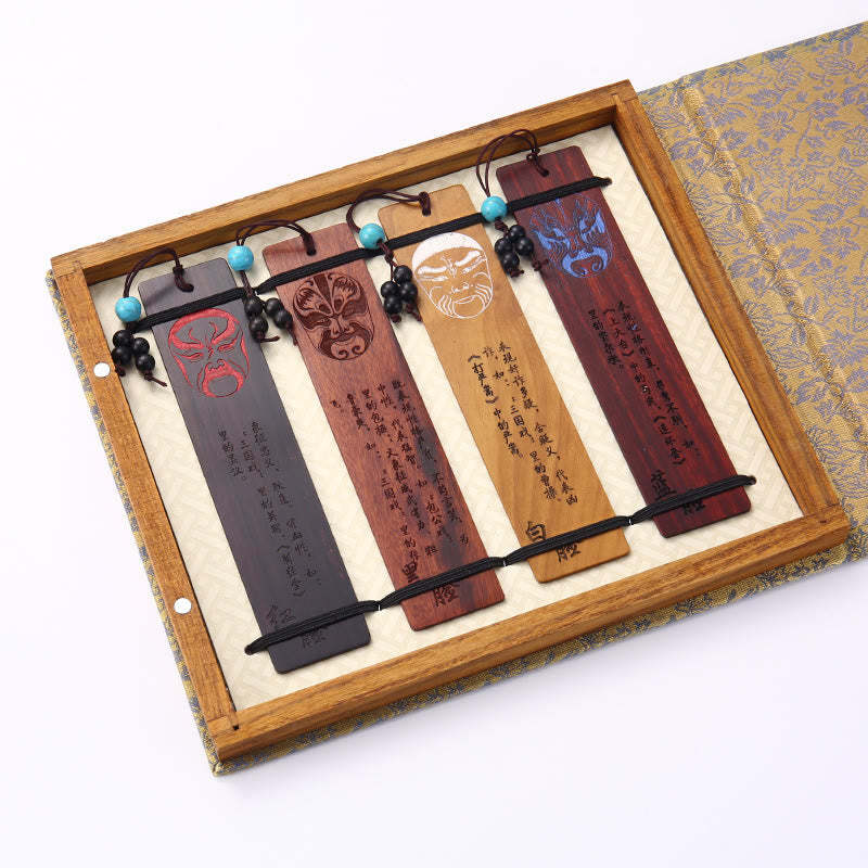 4Pcs Four Seasons Plum Orchid Bamboo Chrysanthemum Peking Opera Mask Wood Bookmarks With Gift Box