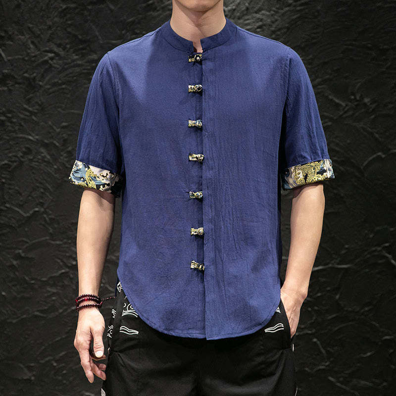 Men's Frog-Button Colorblock Dragon Waves Half Sleeve Shirt