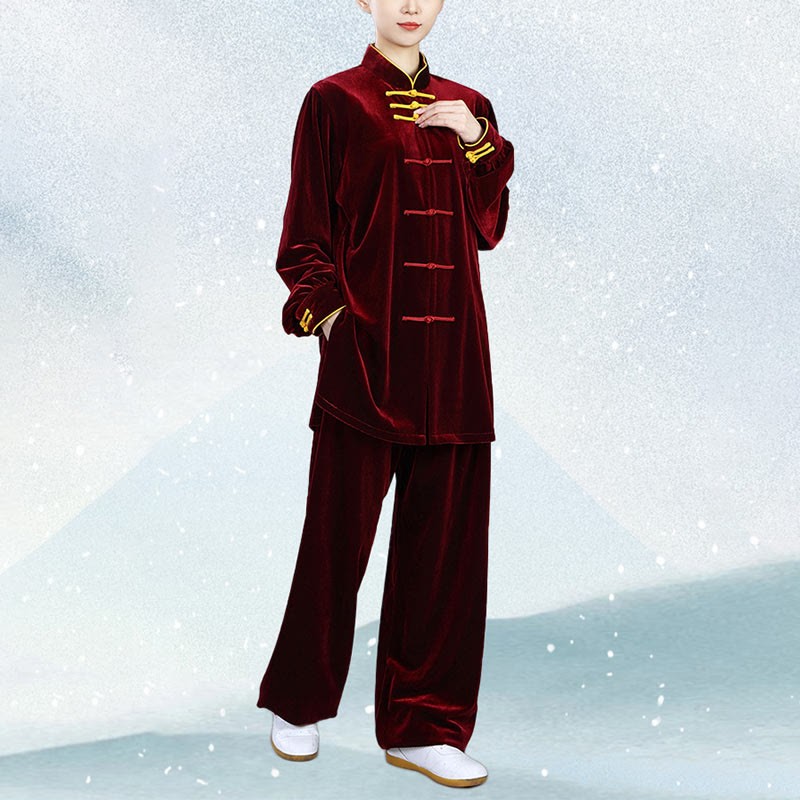 2Pcs Fall Winter Tai Chi Qigong Practice Unisex Frog-Button Meditation Velour Clothing Set