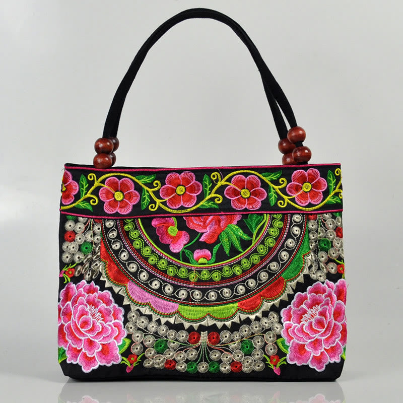 Money Tree Peony Phoenix Apple Blossom Double-Sided Embroidery Cotton Canvas Shopping Purse Handbag