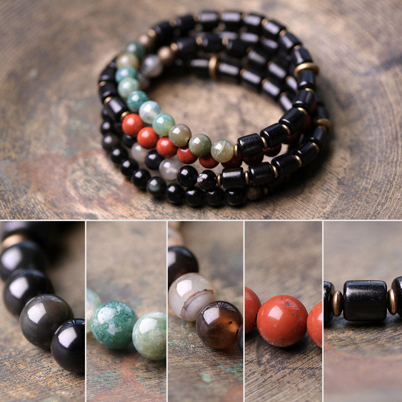 Ebony Wood Red Jasper Moss Agate Crystal Copper Peace Couple Bracelet