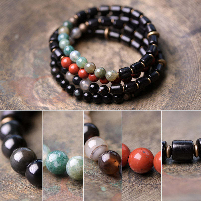 Ebony Wood Red Jasper Moss Agate Crystal Copper Peace Couple Bracelet