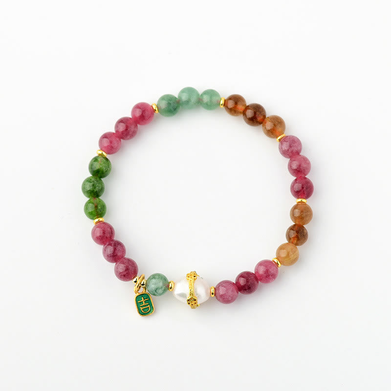 Natural Multicolored Tourmaline Pearl Auspicious Character Charm Wisdom Bracelet
