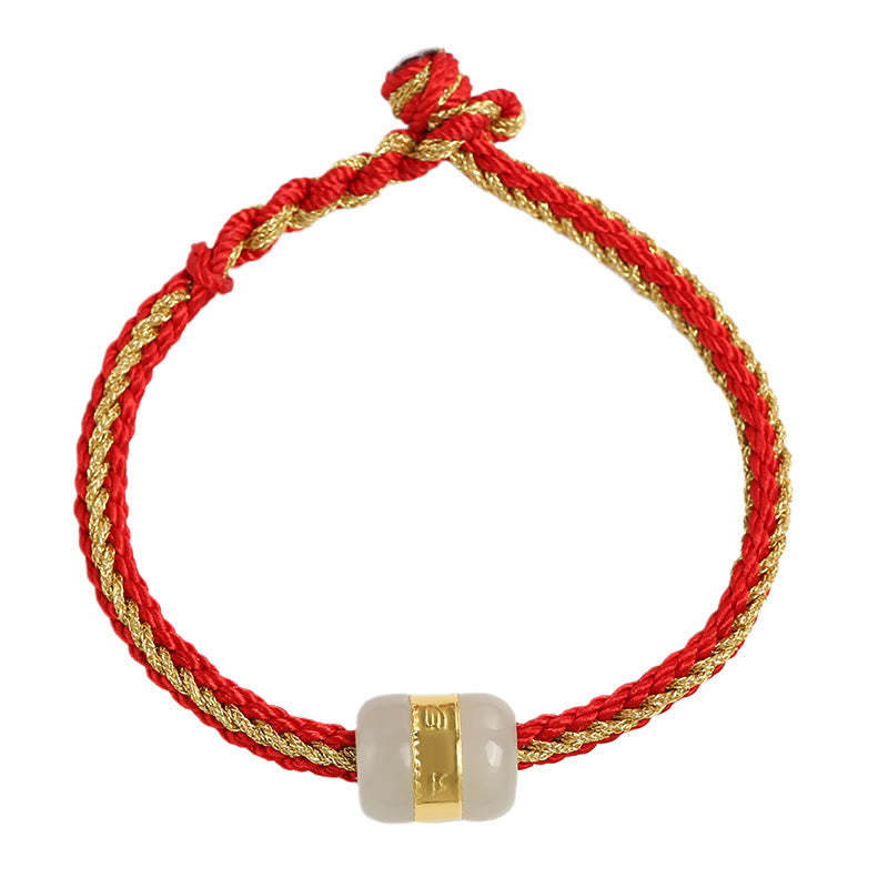 999 Gold Hetian White Jade Om Mani Padme Hum Fu Character Luck Braided Bracelet