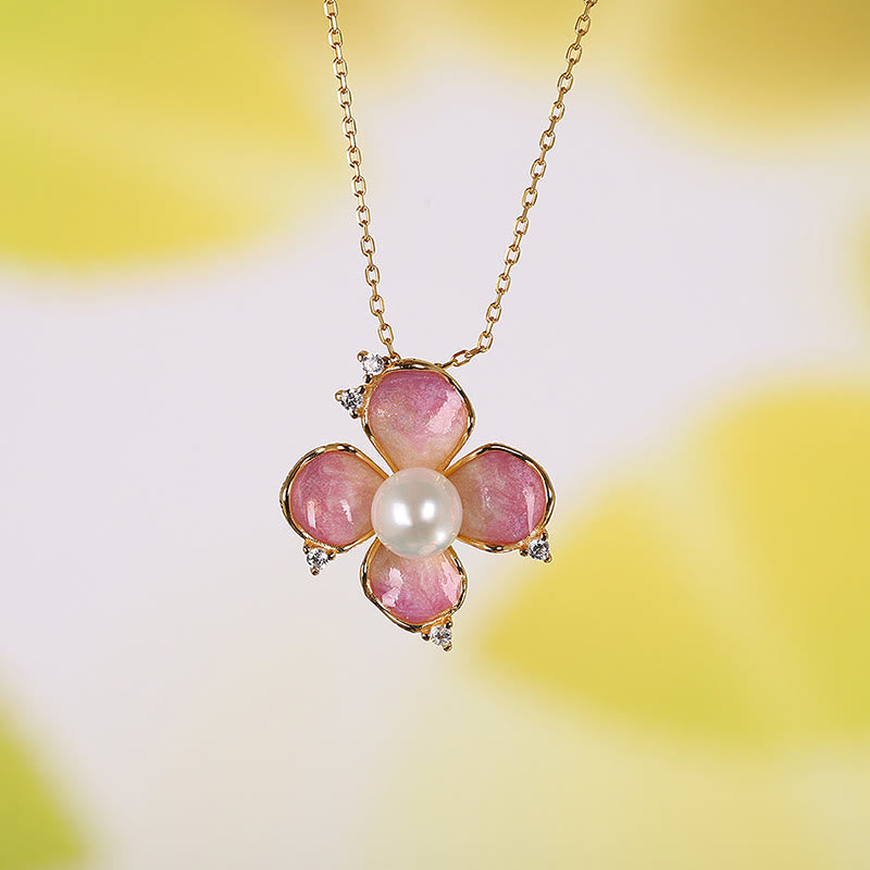 925 Sterling Silver Pearl Red Flower Petals Design Wisdom Necklace Pendant Earrings Set