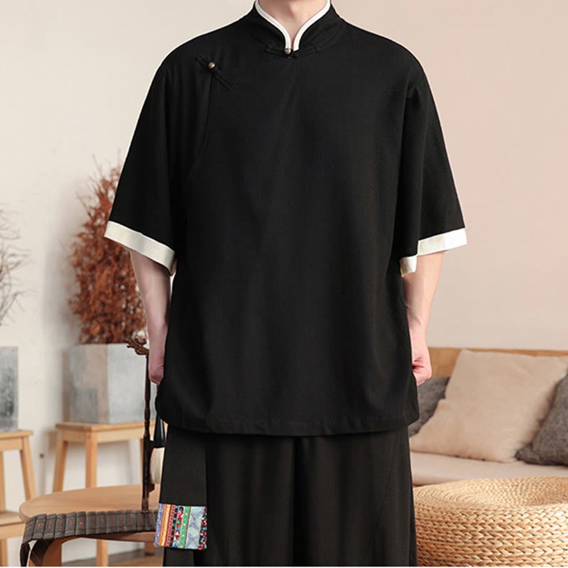 2Pcs Chinese Frog-button Men's Shirt Wide Leg Pants Meditation Cloth Set