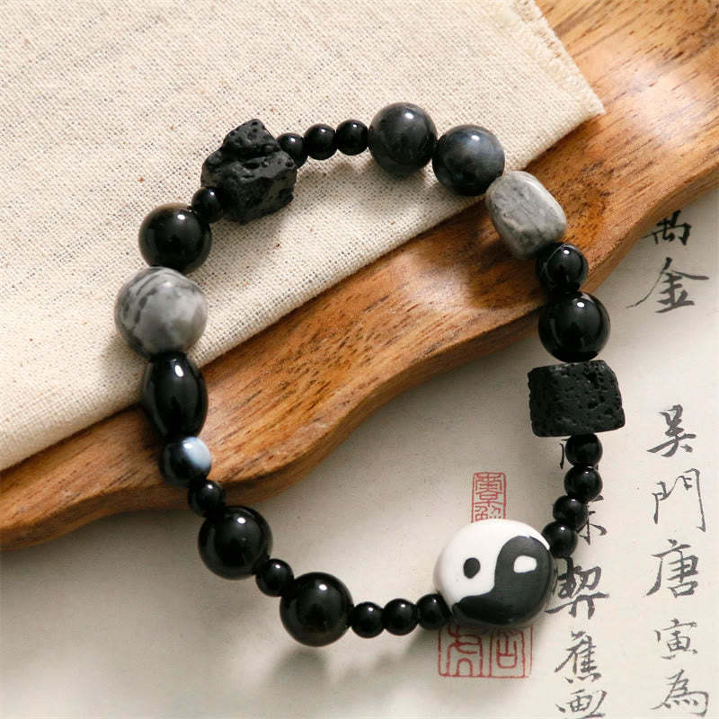 Black Onyx Picasso Jasper Bead Yin Yang Fortune Protection Bracelet