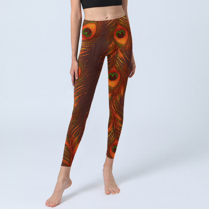 Brown Peacock Feathers Print Gym Leggings Women's Yoga Pants