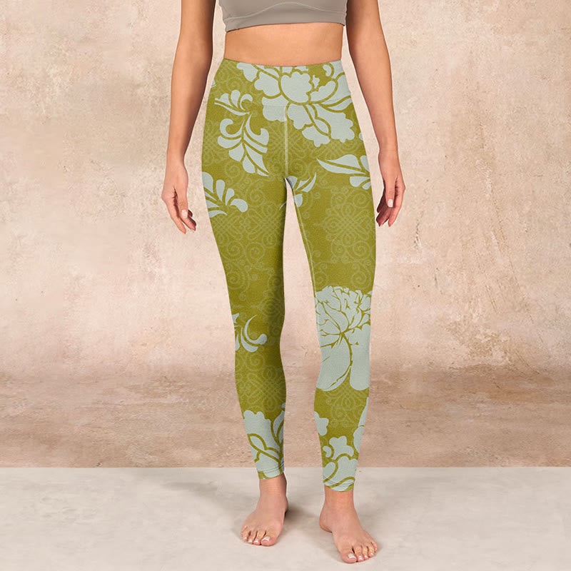 Monochrome Flowers Print Gym Leggings Women's Yoga Pants